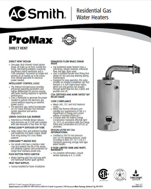 AO Smith Gas Water Heater Plumbing HVAC Distributor in CT